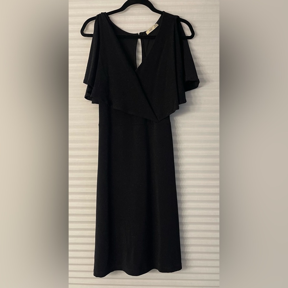 Dex Black Metallic Dress with Draped Overlay